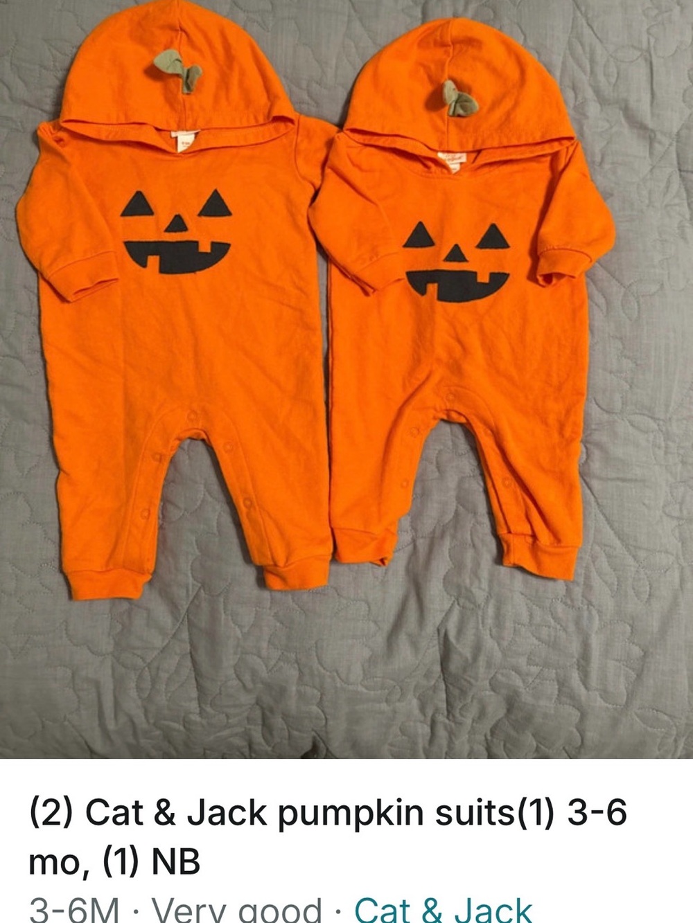Cat & Jack Orange Pumpkin Hooded Matching Infant Rompers